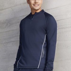 A navy unisex mid layer top with a quarter zip and contrasting detailing, featuring a logo on the chest.