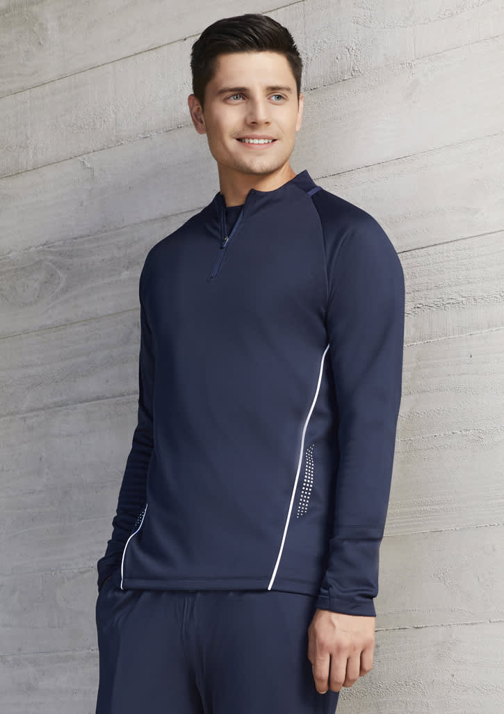A navy unisex mid layer top with a quarter zip and contrasting detailing, featuring a logo on the chest.