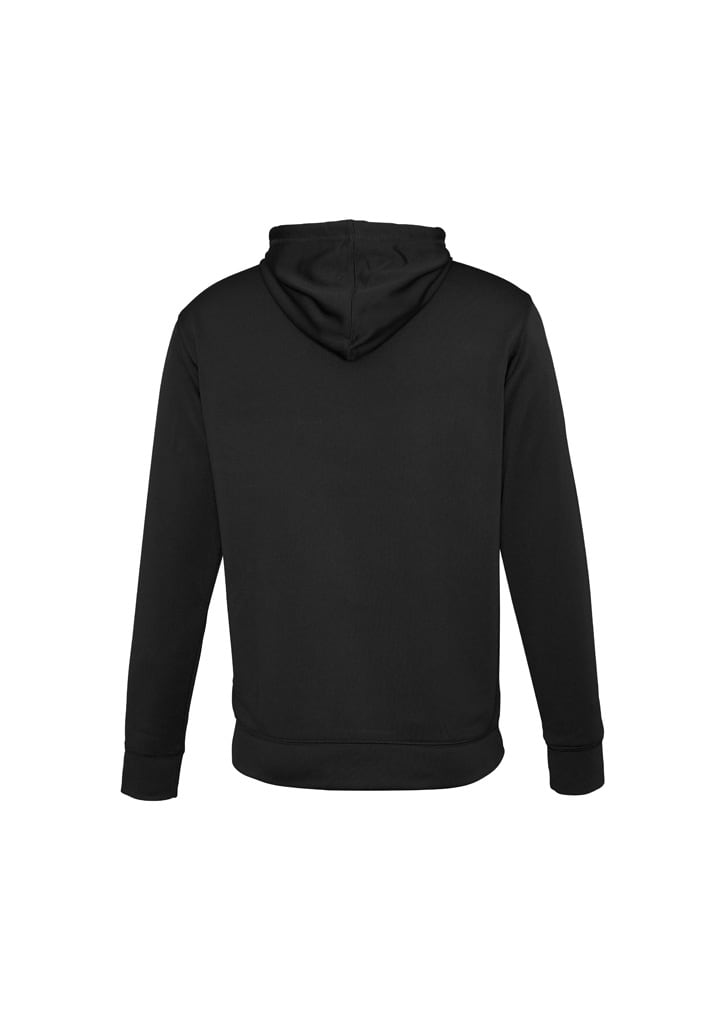 A black hoodie featuring a hood and long sleeves, with a plain back and fitted cuffs.