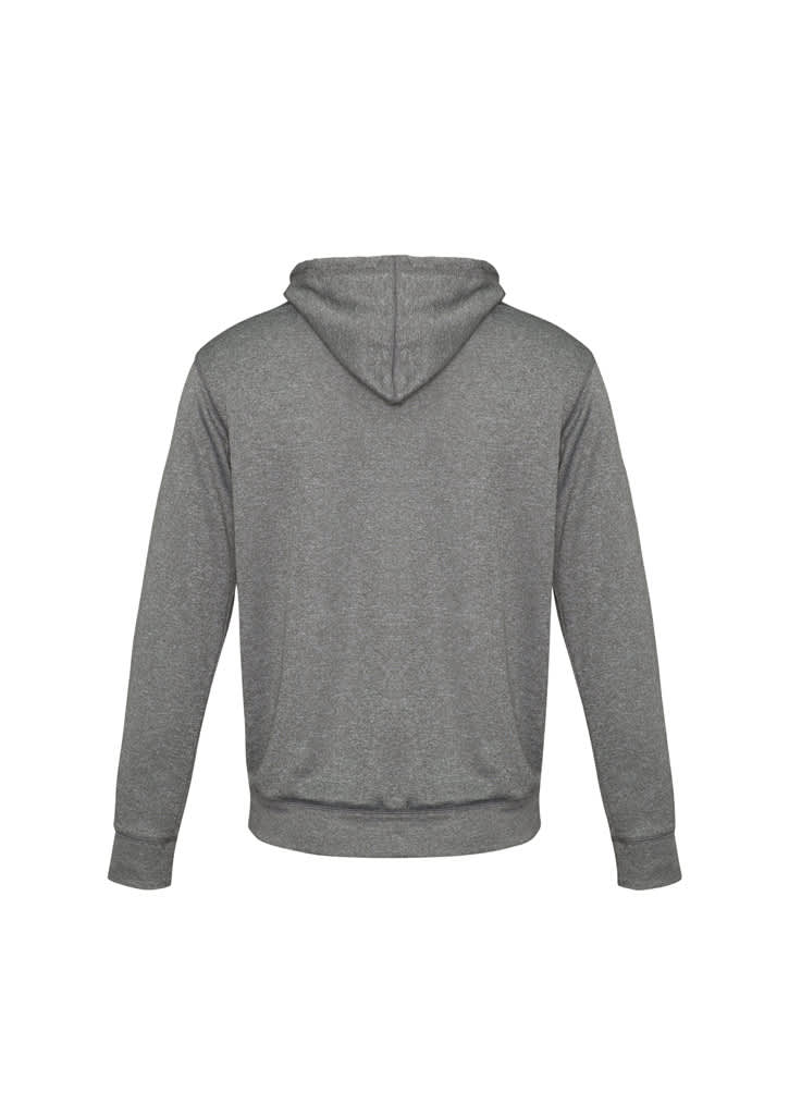 A grey hoodie for kids featuring a kangaroo pocket and a drawstring hood. It includes a logo on the back.