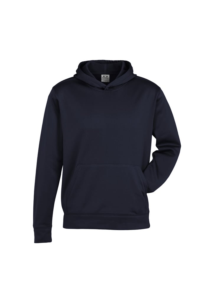 A navy hoodie with a kangaroo pocket and a hood, featuring a small logo.
