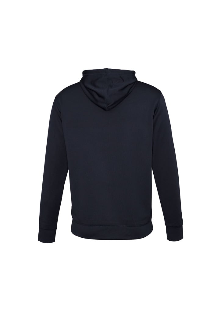 A black hoodie with a hood and long sleeves, featuring a logo on the back.