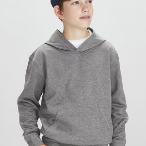 A grey hoodie with a hood, worn by a child, paired with a blue cap. The hoodie has a logo.