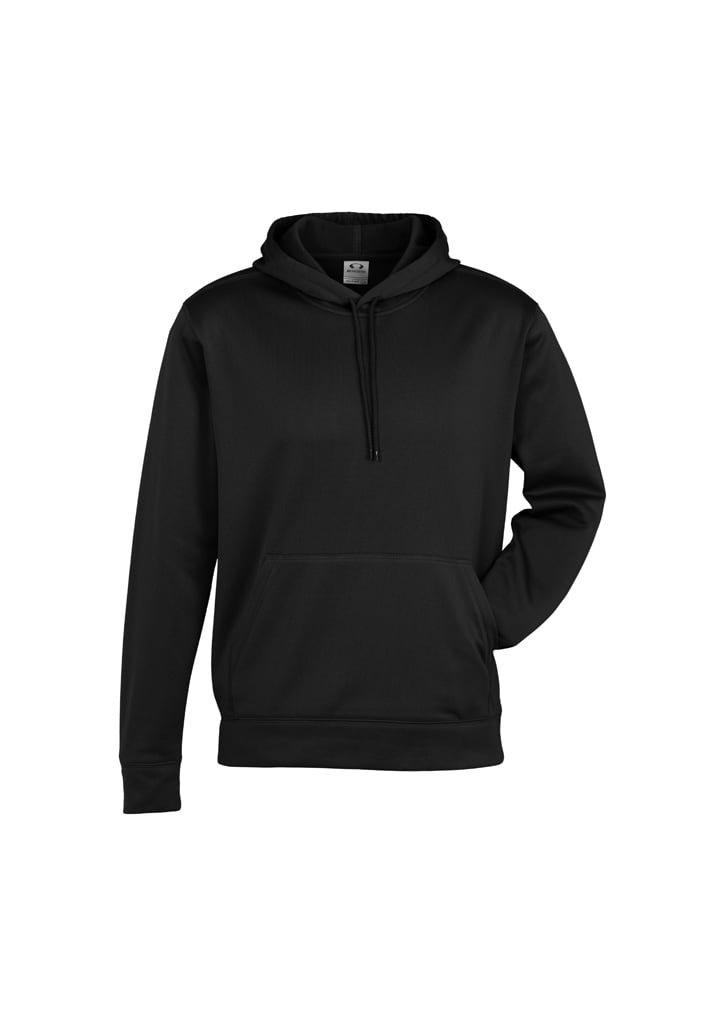 A black men's hoodie featuring a front pocket and a hood, with a logo on the chest.