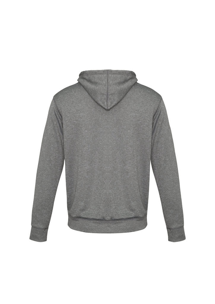 A grey hoodie with a kangaroo pocket and a hood, featuring a logo on the back.