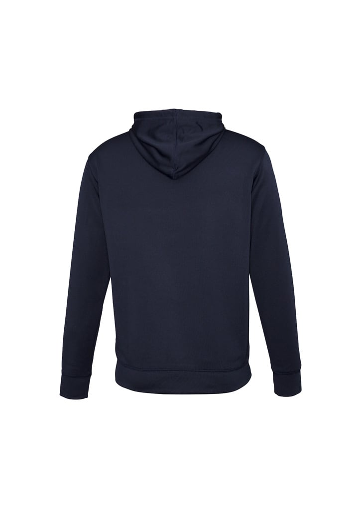 A men's hoodie in navy blue, featuring a hood and long sleeves, with a logo on the back.