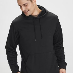 A black hoodie with a front pocket and drawstring hood, featuring a logo. Designed for men.