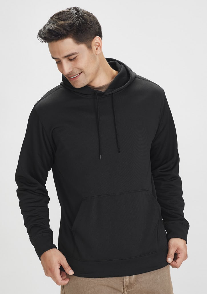 A black hoodie with a front pocket and drawstring hood, featuring a logo. Designed for men.