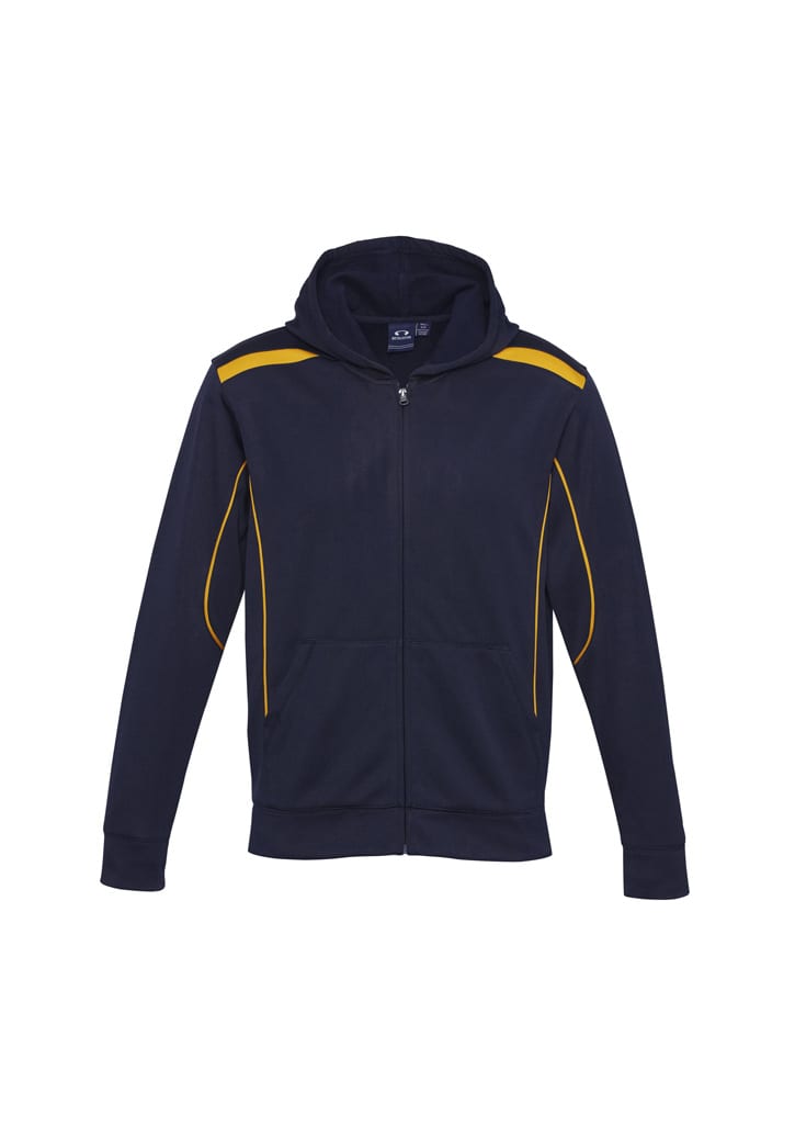 A navy hoodie with yellow trim and a front zip, featuring a hood and two side pockets.