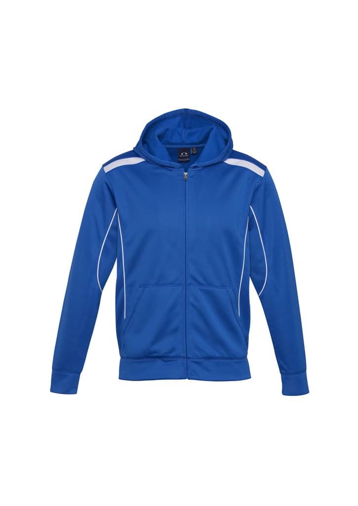 A bright blue hoodie with a zippered front and white detailing, featuring a hood and pockets.