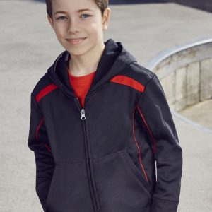 A black hoodie with red accents and a zipper, worn by a young boy. The hoodie features a hood and front pockets.