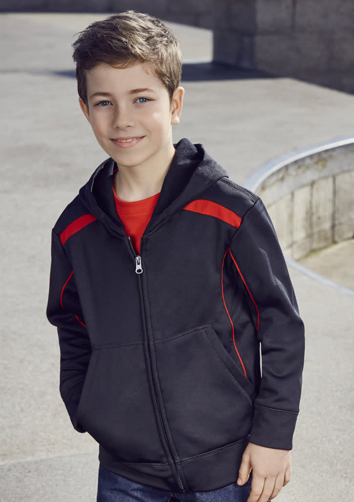 A black hoodie with red accents and a zipper, worn by a young boy. The hoodie features a hood and front pockets.