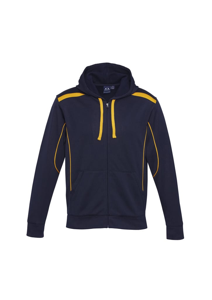 A navy hoodie with yellow accents and a front zipper, featuring a hood and a logo.