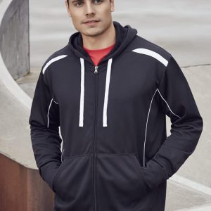 A black hoodie with white accents, featuring a zip-up front and a hood, worn by a man standing outdoors.