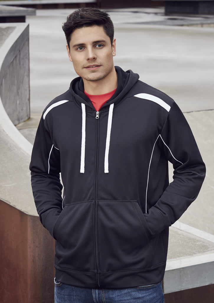 A black hoodie with white accents, featuring a zip-up front and a hood, worn by a man standing outdoors.
