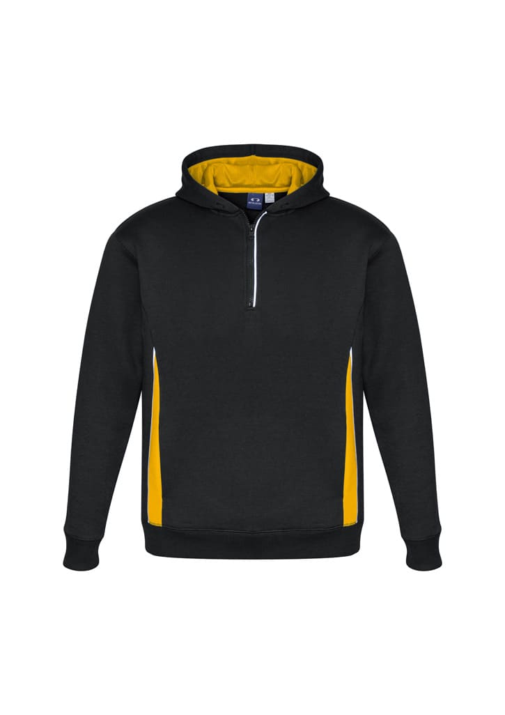 A black hoodie with a yellow interior and side panel, featuring a zip and a logo on the chest.