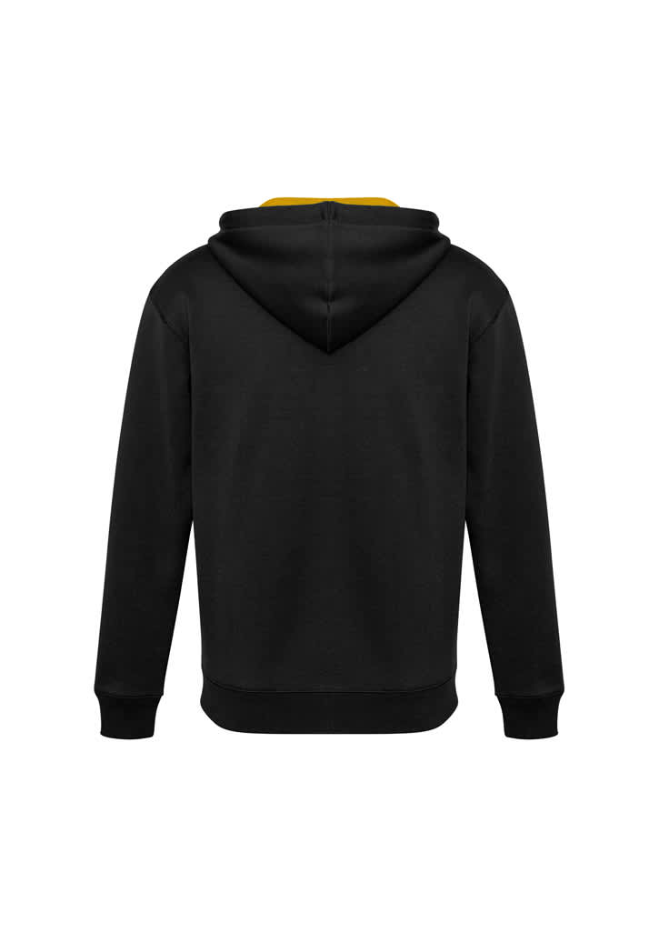 A black hoodie with a yellow inner lining and a hood, featuring a logo on the back.