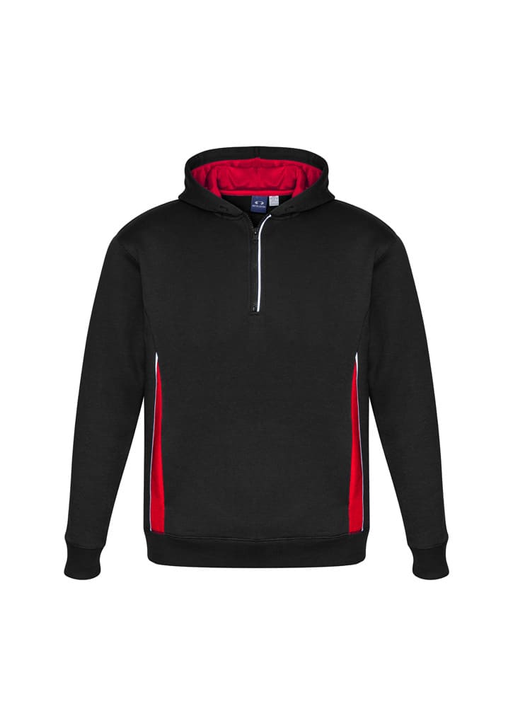 A black hoodie with red accents, featuring a zippered neckline and a hood. It has a logo on the front.