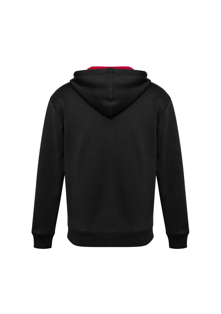 A black hoodie with a red interior and a hood, featuring a logo on the back.