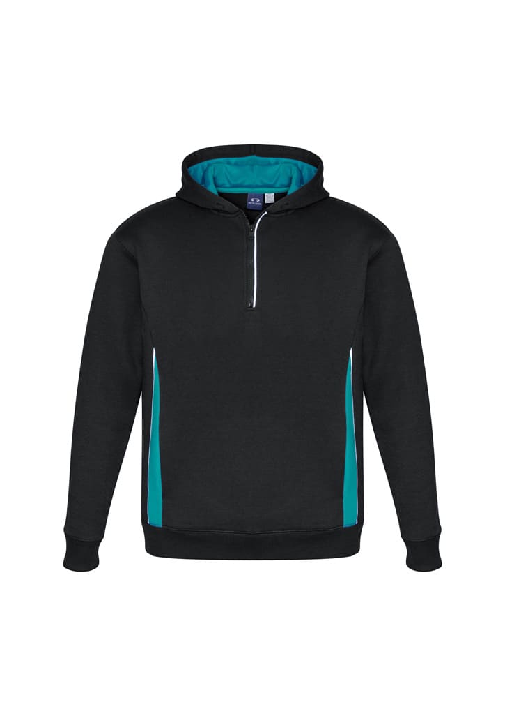 A black hoodie with a turquoise inner lining and side accents, featuring a zippered neck and a logo.