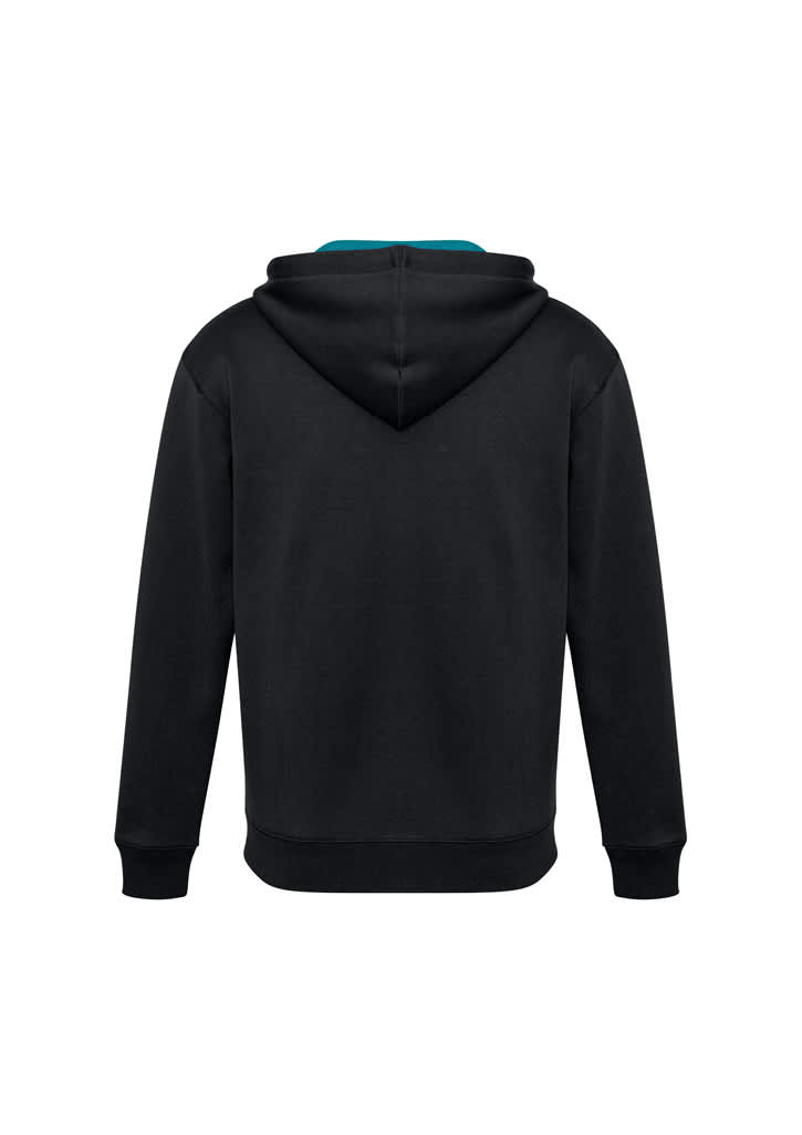 A black hoodie featuring a teal lining, designed for kids, with a logo on the back.