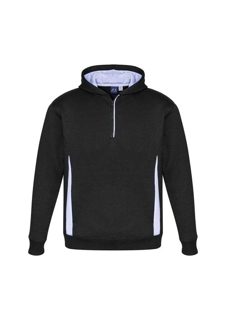 A black hooded jumper with white side detailing and a zippered collar. Features a logo on the front.