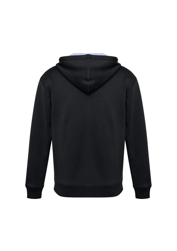 A black hoodie with a blue interior, featuring a hood and ribbed cuffs. Includes a logo on the design.