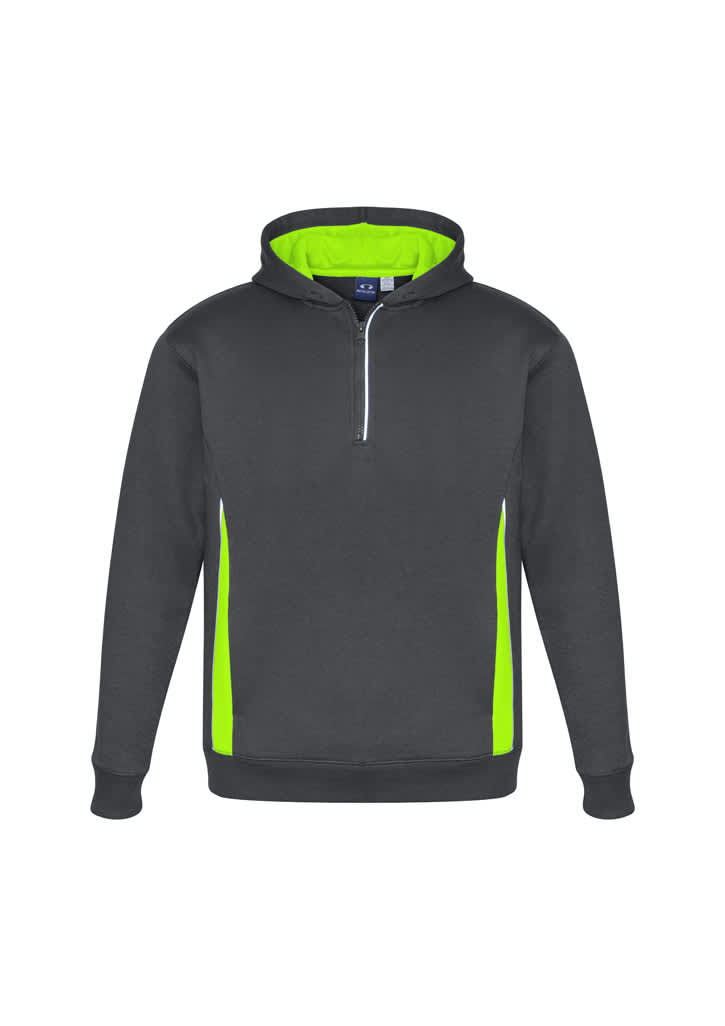 A hooded jumper in dark grey with bright lime green accents and a zippered neck. It features a logo.