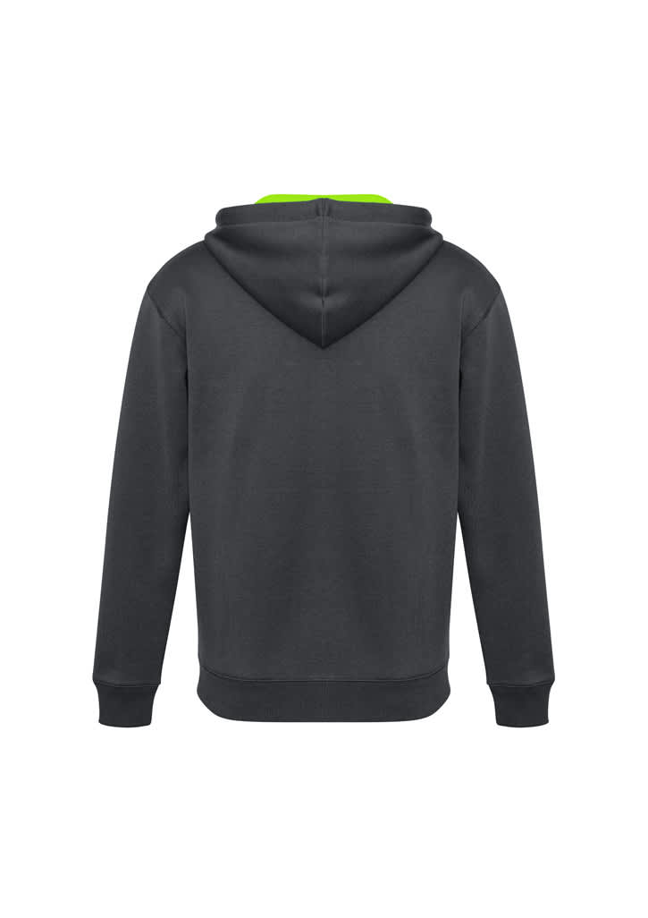 A dark grey kids' hoodie with a green interior hood and a logo. Suitable for casual wear.