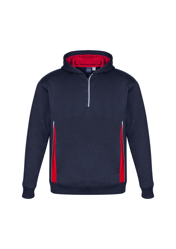 A navy hoodie with a red inner lining and side accents, featuring a zip front and a logo.