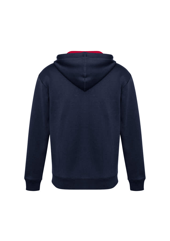 A dark navy hoodie with a red interior lining and a central hood, featuring a logo on the front.
