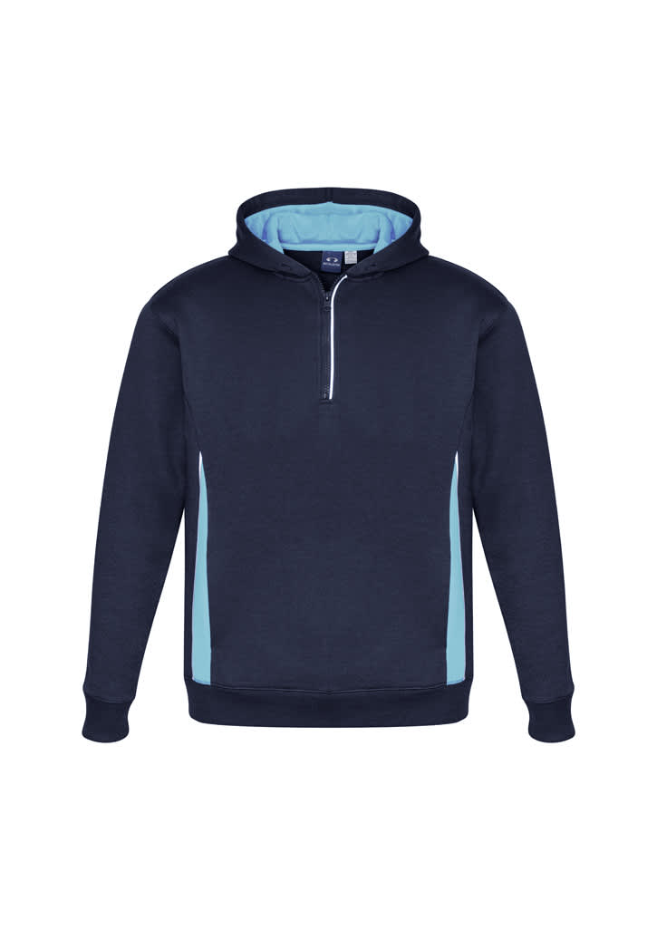 A navy hoodie with light blue accents, featuring a front zip and a hood, ideal for kids. Includes a logo.