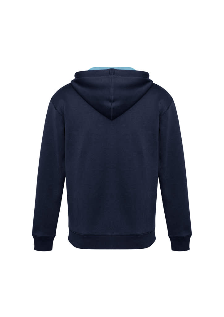 A navy blue hoodie featuring a kangaroo pocket and a hood. The back view shows a simple design with no visible branding.