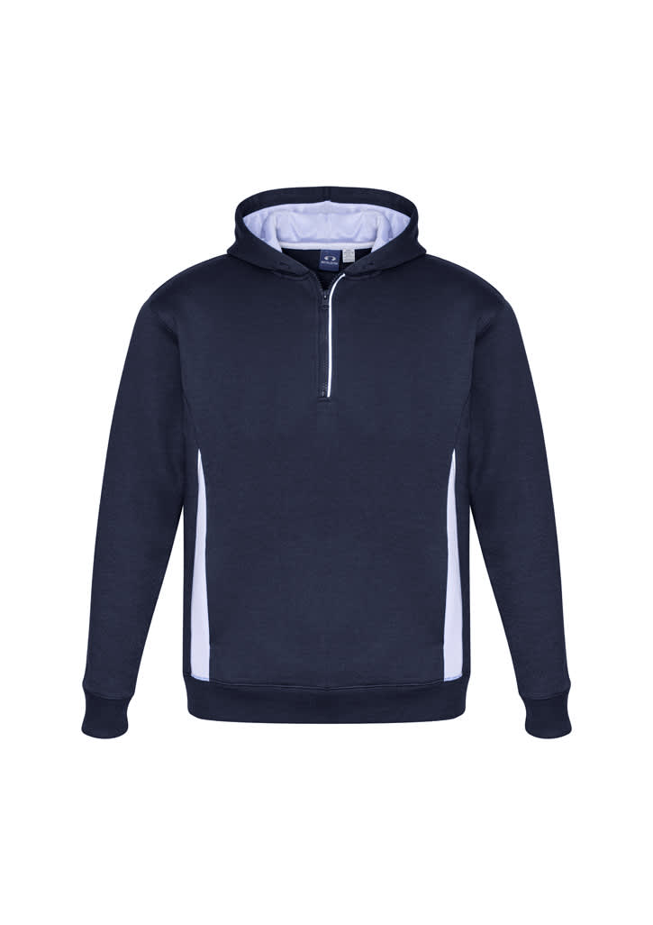 A navy blue hoodie with white accents, featuring a zip-up front and a hood. It has a logo on it.