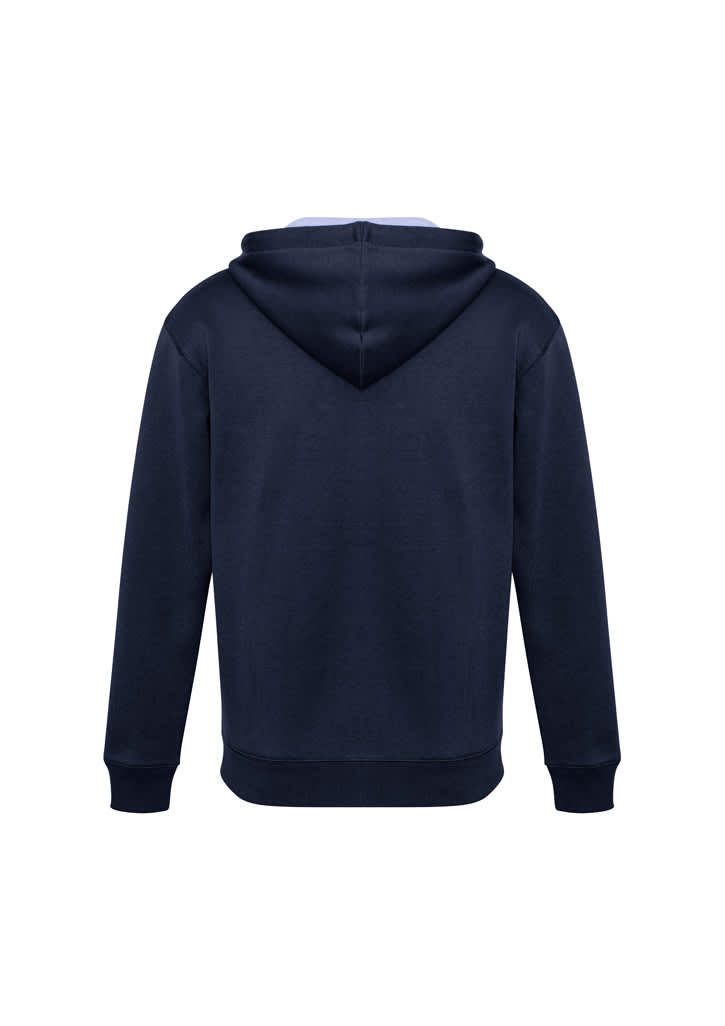 A navy blue hoodie with a hood and long sleeves, featuring a logo on the back.