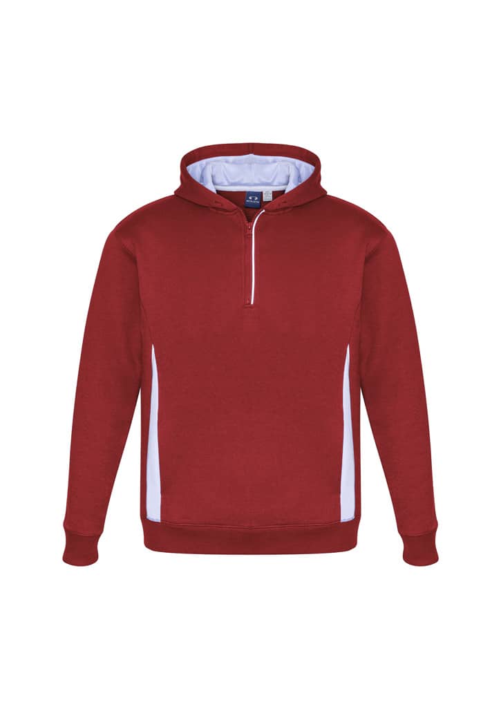 A red hoodie with a white panel and a quarter zip. It features a hood and has a logo on the chest.