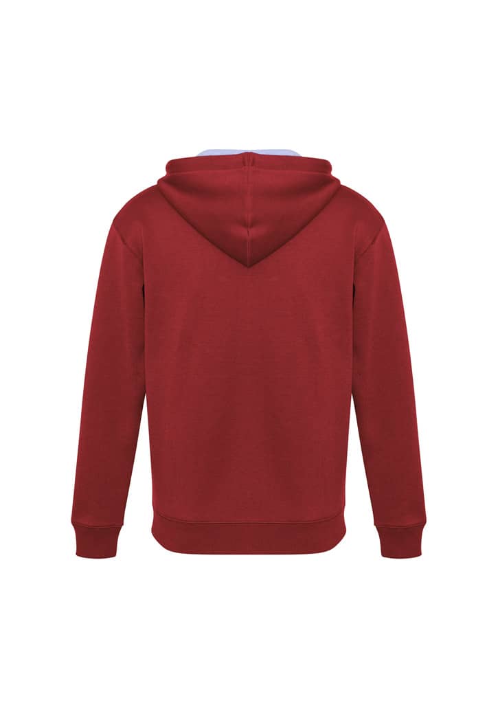 A red hoodie with a hood, featuring a plain back design and ribbed cuffs. It includes a logo.