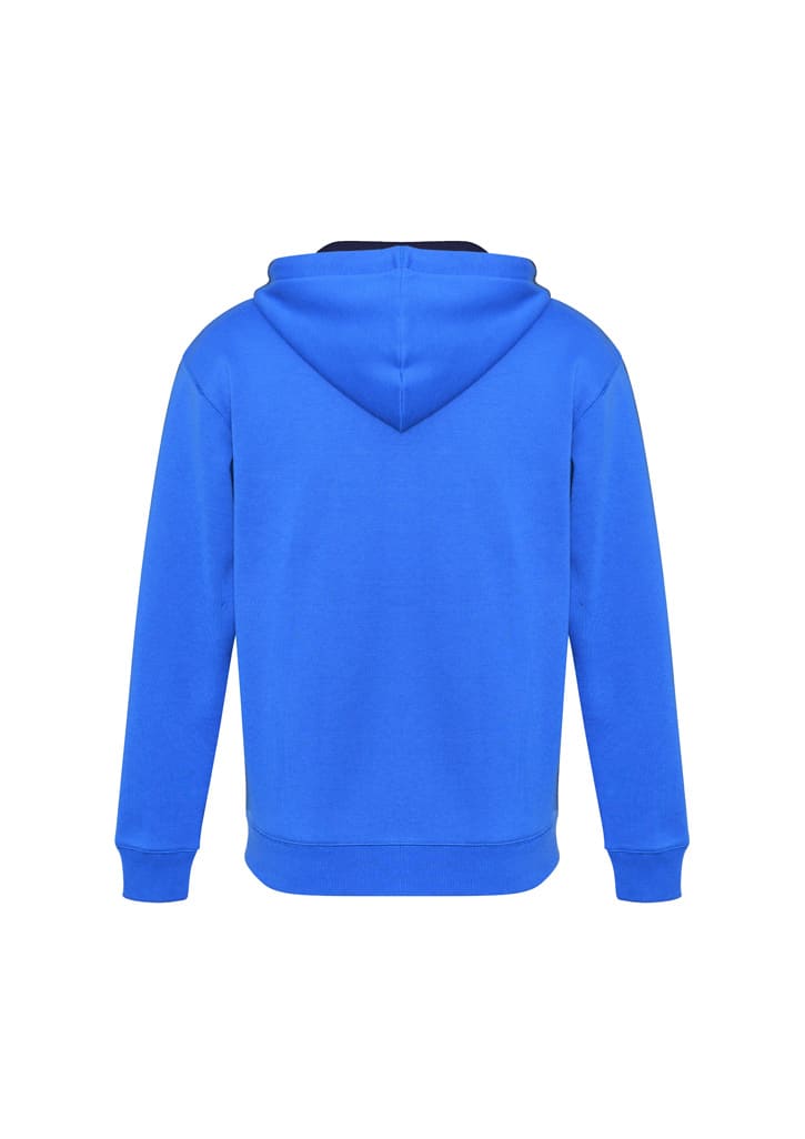 A blue hoodie with a hood, featuring a plain back design and long sleeves. The item includes a logo.
