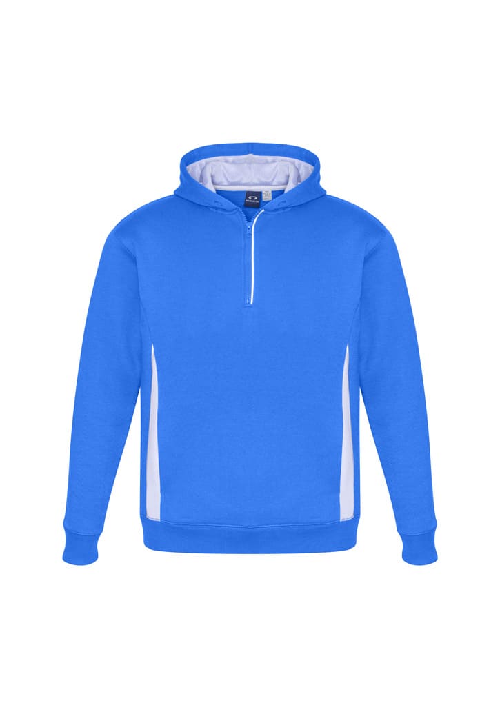 A blue hoodie featuring white side panels and a zip, with a hood and a logo.
