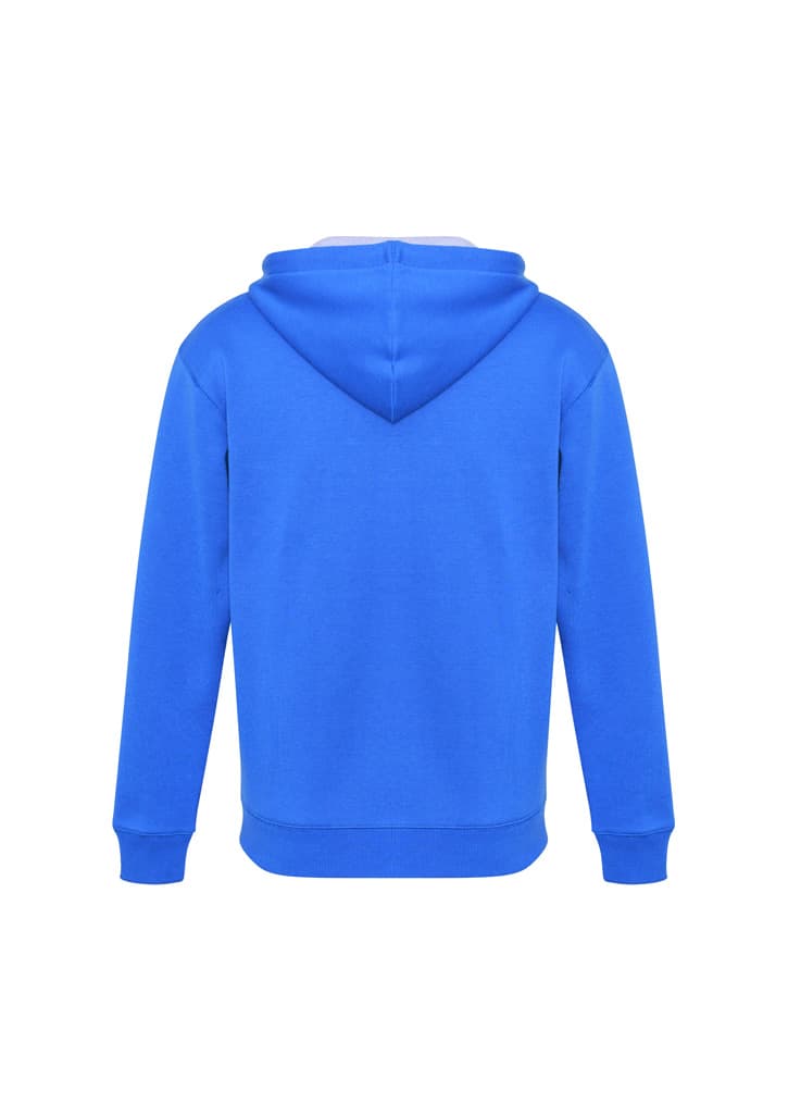 A blue hoodie with a kangaroo pocket and hood, featuring a logo on the back.