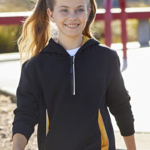 A black hoodie with yellow accents, featuring a zippered front and a hood, worn by a smiling girl.