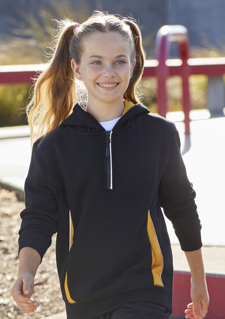 A black hoodie with yellow accents, featuring a zippered front and a hood, worn by a smiling girl.