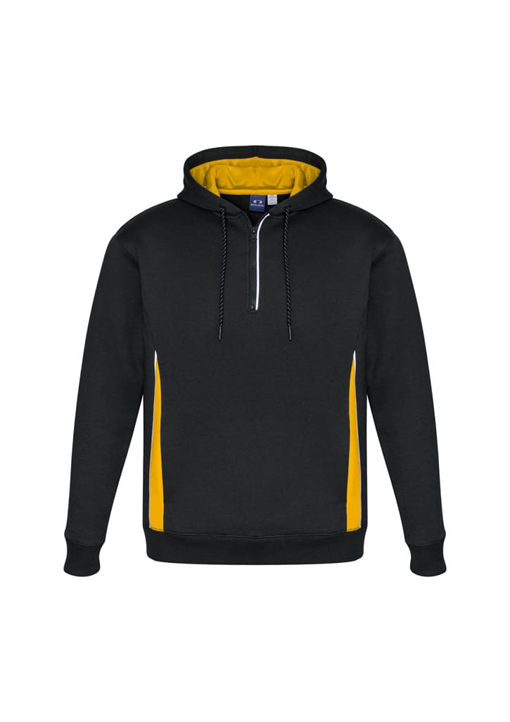 A unisex hoodie featuring a black exterior with yellow side accents and a zippered neck. Includes a logo.