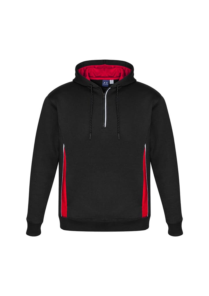A black unisex hoodie with red accents and a zippered neckline, featuring a logo on the front.