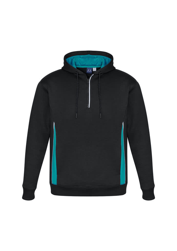A unisex hoodie in black with teal accents and a front zip. It features a hood and a logo on the label.