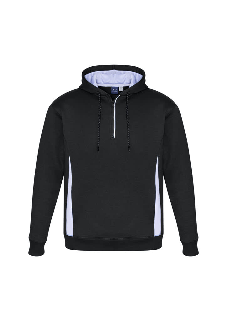 A black unisex hoodie with white side panels and a front zipper. It features a hood and has a logo.