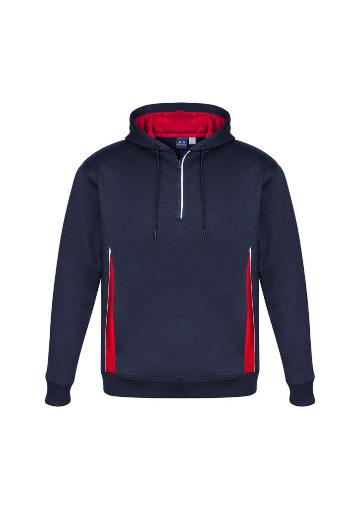 A navy hoodie featuring red side accents and a quarter zip, complete with a hood and a logo.
