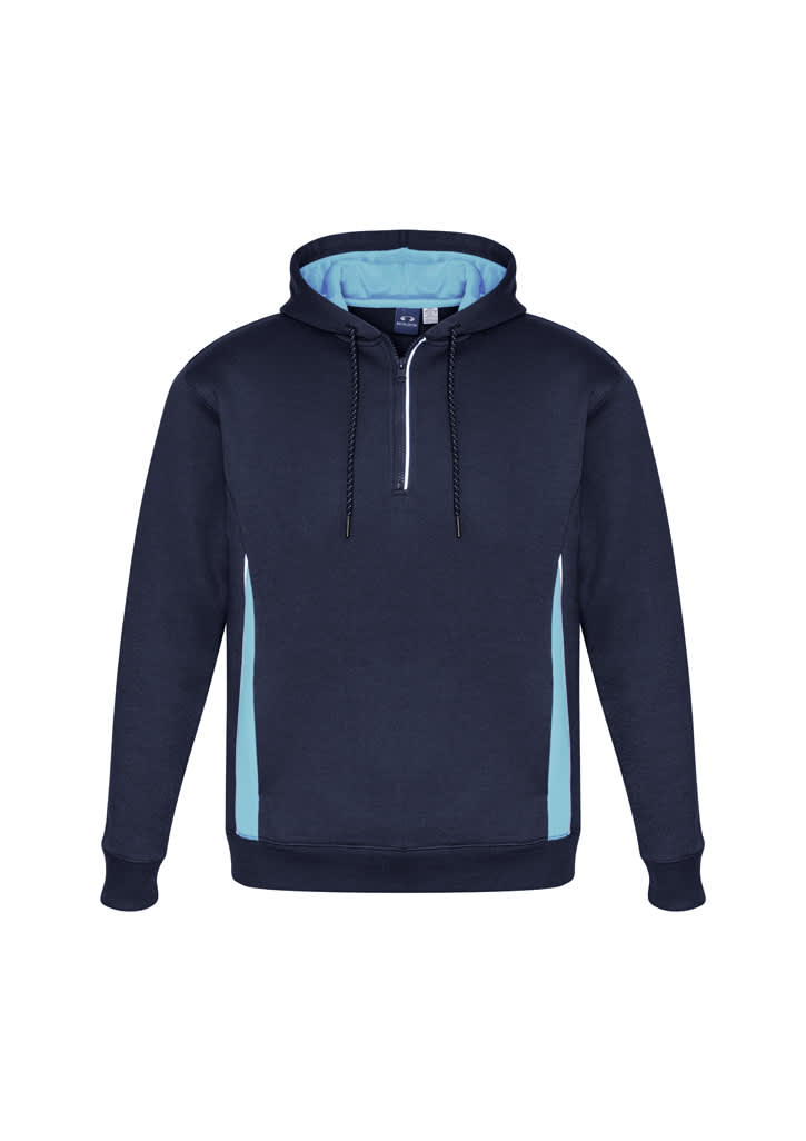Unisex navy hoodie with light blue side panels and a zippered collar. Features a drawstring and a logo.
