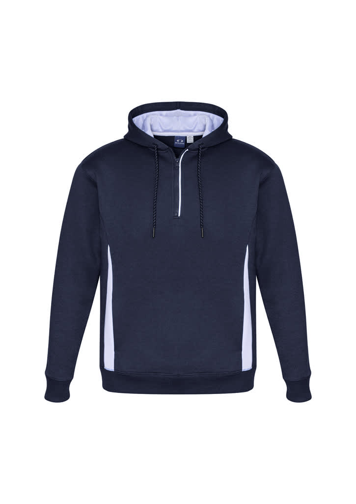 A navy blue unisex hoodie with white side panels and a zipper at the collar, featuring a logo on the front.