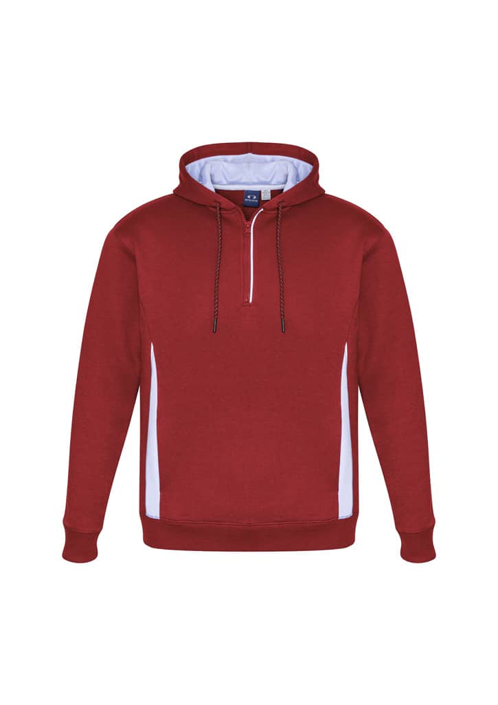 A unisex hoodie in burgundy with white side panels and a front zipper. It features a hood and a branded logo.